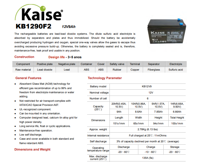 Batería 12V 9Ah Ciclo Profundo KB1290F2 Kaise